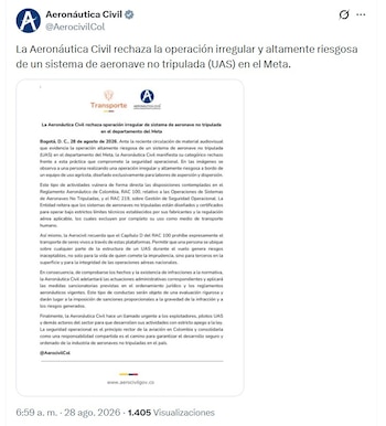 La entidad rechazó la "operación irregular y altamente riesgosa de un sistema de aeronave no tripulada (UAS)" - crédito @AerocivilCol/X