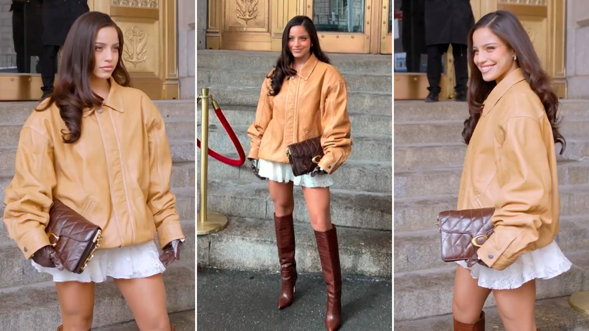 Emilia Mernes impone moda con chaqueta de cuero y botas altas