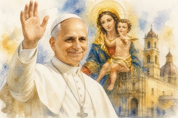 Pintura en acuarela de un papa saludando con la mano, la Virgen María con el Niño Jesús y una catedral al fondo.
