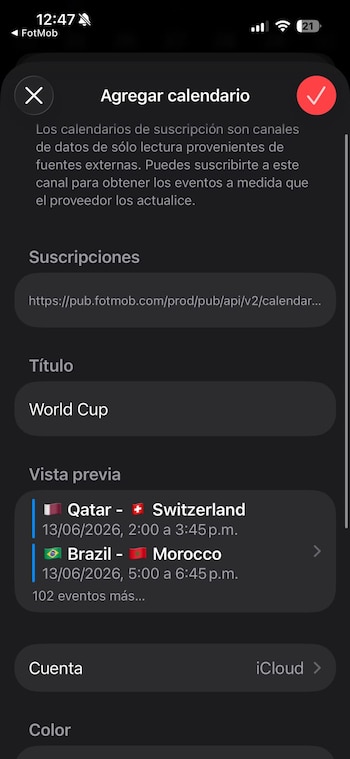 Hay diversos métodos para agregar los partidos al calendario del celular, pero este es uno de los más sencillos. (FotMob/Calendario de Apple)