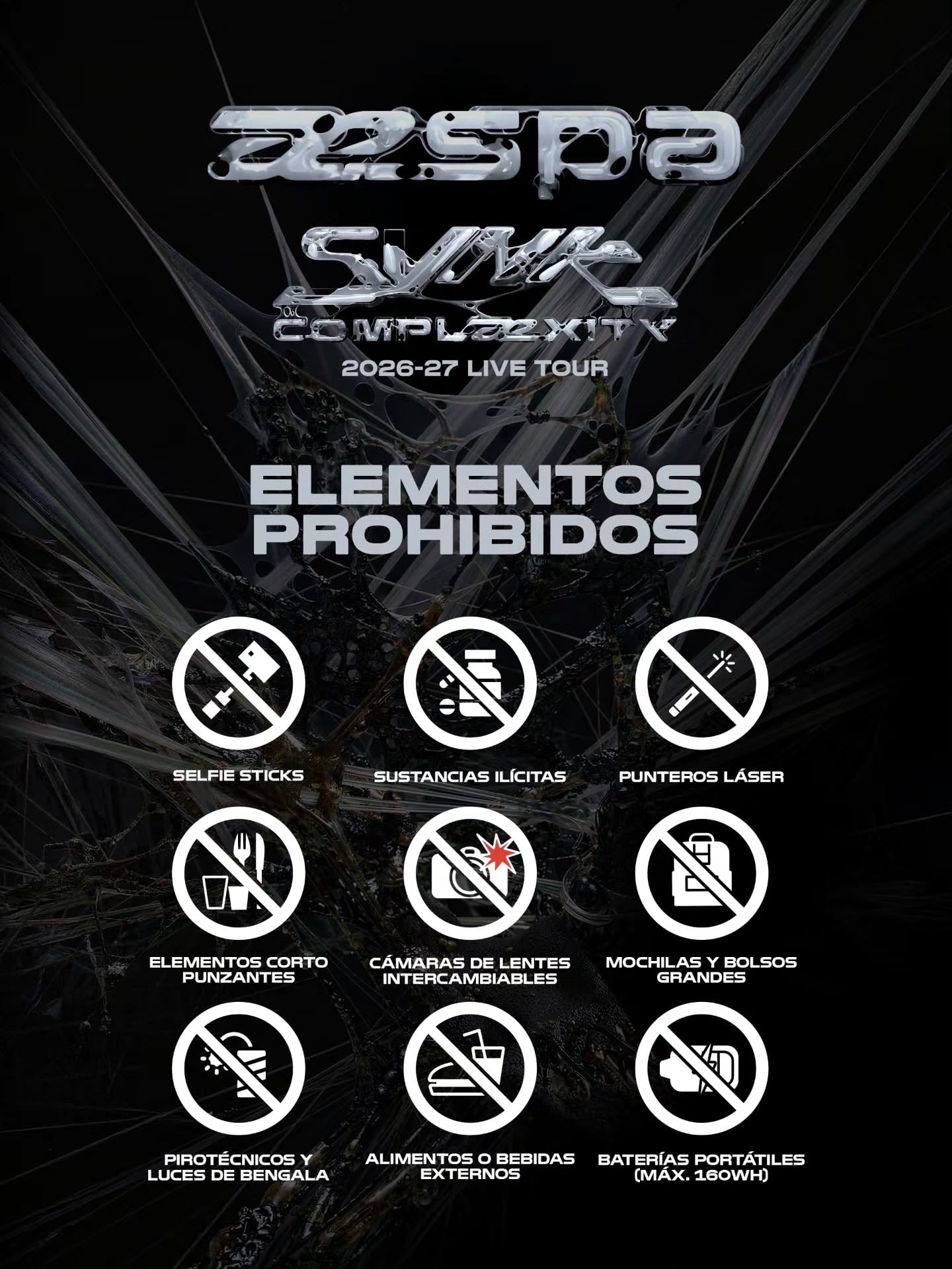 Una guía informativa detalla los objetos y sustancias cuyo ingreso no está permitido al concierto de Aespa en el recinto Costa 21 de Lima.