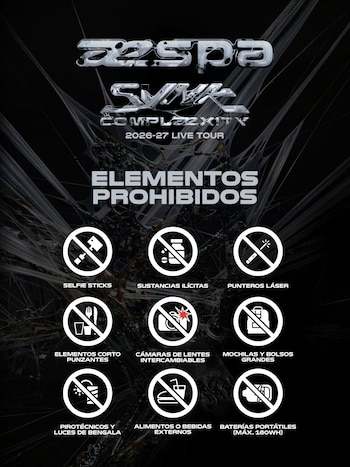 Cartel oscuro del grupo Aespa con el título Elementos prohibidos y nueve símbolos circulares tachados con objetos no permitidos