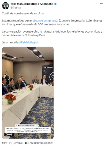 José Manuel Restrepo impulsa agenda empresarial en Lima para fortalecer la cooperación entre Colombia y Perú - crédito @jrestrp/X