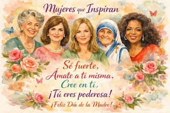 Acuarela de cinco mujeres sonrientes en primer plano, rodeadas de rosas y mariposas. Incluye texto inspirador sobre fortaleza y amor propio. Fondo suave de acuarela.