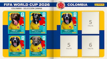 Página del álbum Panini del Mundial 2026 para la Selección Canina de Colombia. Se ven cinco fotos de perros con camisetas de fútbol y tres espacios vacíos.