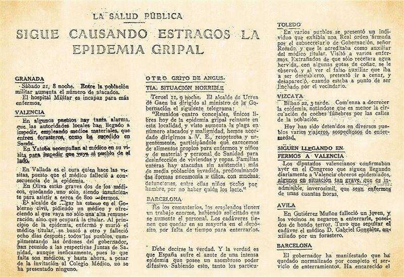 La información del diario ABC detalla reportes de distintas ciudades que dan cuenta del aumento de enfermos, la saturación de hospitales y el impacto social de la epidemia en España (captura)
