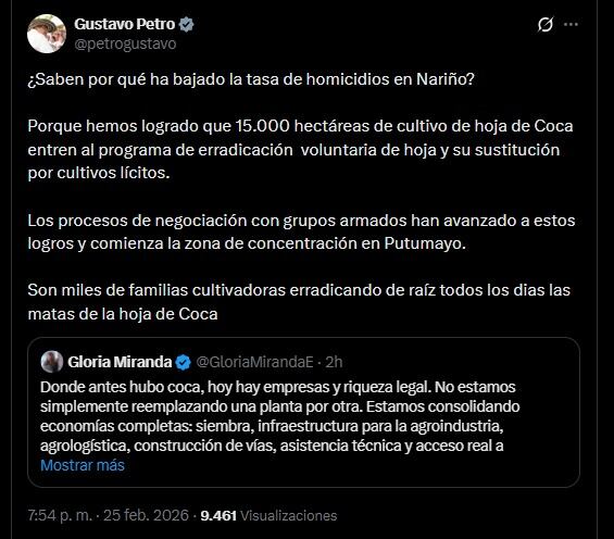 El presidente Gustavo Petro destaca en redes sociales la caída de los homicidios en Nariño y los avances en la restitución de tierras y la economía legal - crédito @petrogustavo / X
