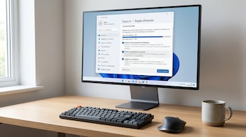 Un monitor de computadora muestra la limpieza de archivos temporales en Windows 11. En el escritorio de madera hay un teclado, mouse y una taza, con luz natural de una ventana.