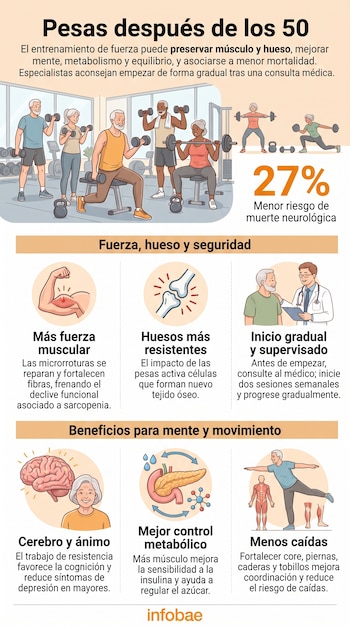 Infografía con ilustraciones de adultos mayores haciendo ejercicios con pesas y esquemas anatómicos sobre la masa muscular y el metabolismo.
