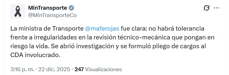 La ministra Mafe Rojas reiteró que la seguridad vial es una prioridad para el Gobierno y respaldó las sanciones ejemplares contra irregularidades en revisiones técnicas - crédito Ministerio de Transporte