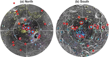 Dos mapas circulares de las regiones polares de un cuerpo celeste. Muestran cráteres, áreas resaltadas en azul, amarillo y púrpura, con círculos rojos