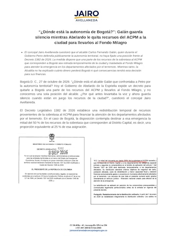 Jairo Avellaneda denunció que una parte de los recursos de la sobretasa al Acpm de la capital sería trasladada al Fondo Milagro (suministrado a Infobae Colombia)