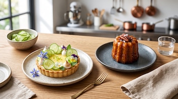 Tarta de limón decorada con rodajas de pepino y flores junto a un canelé glaseado con una nuez encima, servidos en platos sobre una mesa.