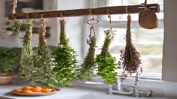 Seis ramos de hierbas verdes y moradas cuelgan atados de una viga de madera. Hay un fregadero de cocina y un tazón con frutas naranjas.