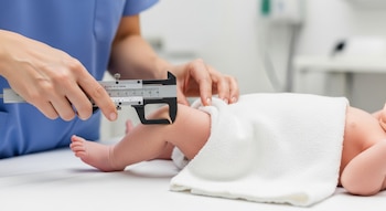 Manos de un profesional de la salud con uniforme azul miden el muslo de un bebé cubierto con una toalla blanca usando un calibrador.