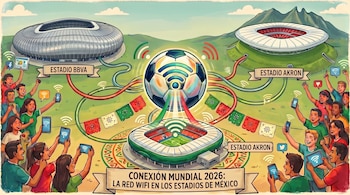 Ilustración de aficionados usando móviles y tabletas conectados por WiFi a los estadios BBVA y Akron, con un balón de fútbol gigante en el centro.