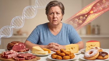 Mujer sentada frente a una mesa con carnes, quesos, alimentos fritos y donas, con una doble hélice de ADN y una arteria con colesterol.