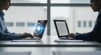 Dos personas sentadas frente a laptops en una oficina moderna. Una pantalla muestra un icono de inteligencia artificial, la otra exhibe documentos. Ventana al fondo.