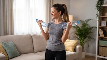 Mujer joven en ropa deportiva haciendo ejercicio con dos botellas de agua en un salón con sofá, ventana y estantería.