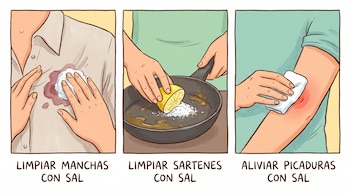 Ilustraciones: Mano aplicando sal para limpiar mancha de camisa, luego sal y limón en sartén, y finalmente sal sobre picadura de insecto en el brazo.