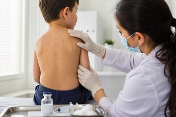 Una médica con mascarilla y guantes examina la espalda con manchas rojas de un niño, junto a una bandeja con una vacuna y una jeringa.