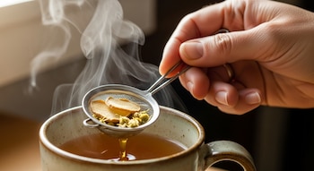 Una mano sostiene un colador metálico con rodajas de jengibre y flores de manzanilla sobre una taza de cerámica con infusión caliente de la que sale vapor.
