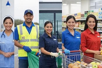 Un collage muestra cinco trabajadores mexicanos sonrientes: una enfermera, un recolector de basura, una conductora de autobús y dos empleadas de supermercado.