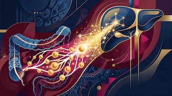 Ilustración de un colon azul y un hígado azul conectados por líneas doradas luminosas con esferas brillantes sobre fondo rojo y oscuro.