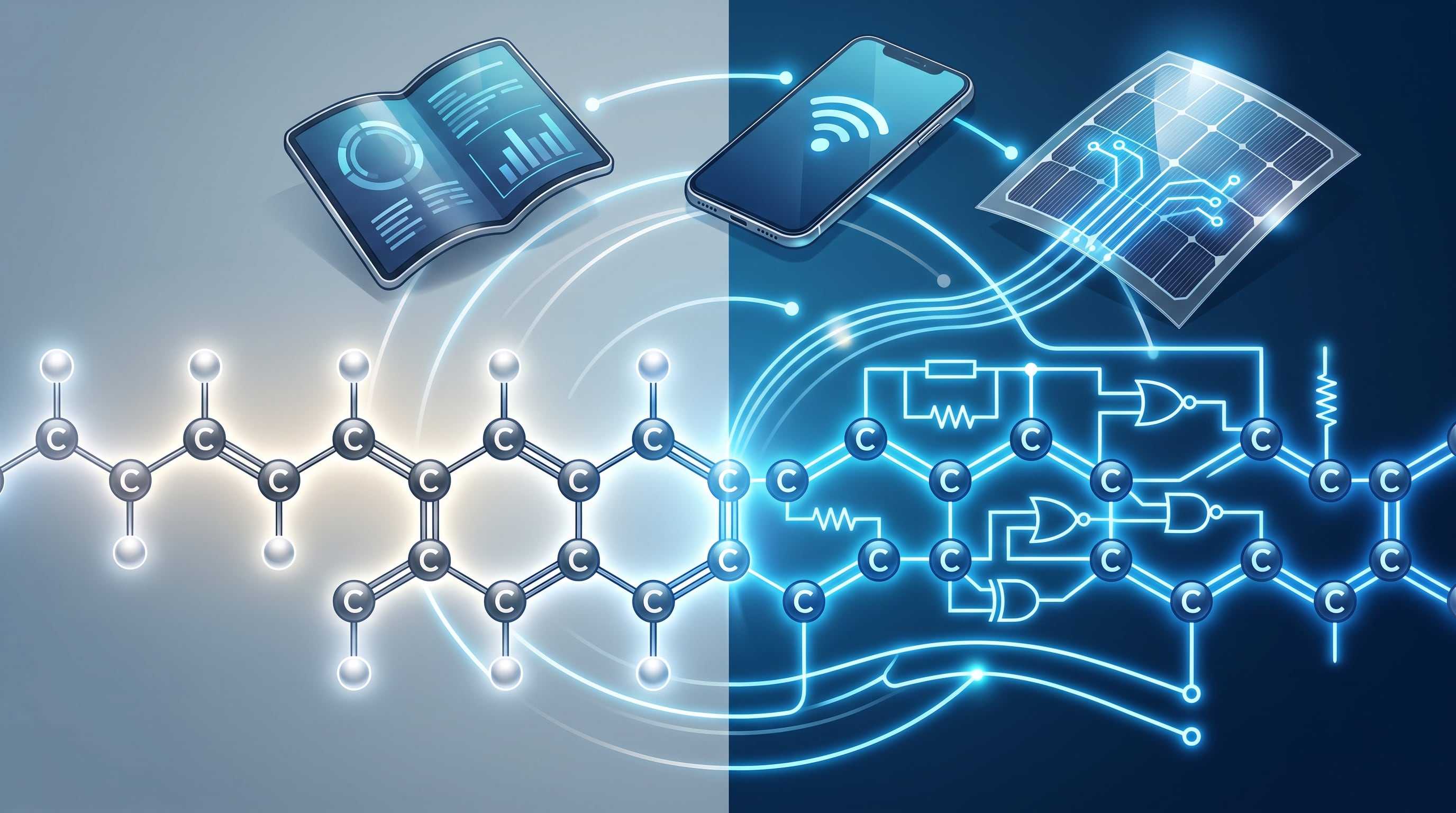 Una cadena molecular en transición hacia circuitos electrónicos ilustra la aplicación de los polímeros conductores en pantallas flexibles, teléfonos móviles y paneles solares. (Imagen Ilustrativa Infobae)