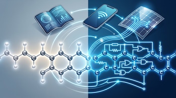 Estructura química molecular unida a un circuito eléctrico, una pantalla curva, un teléfono inteligente y una placa solar sobre un fondo azul.
