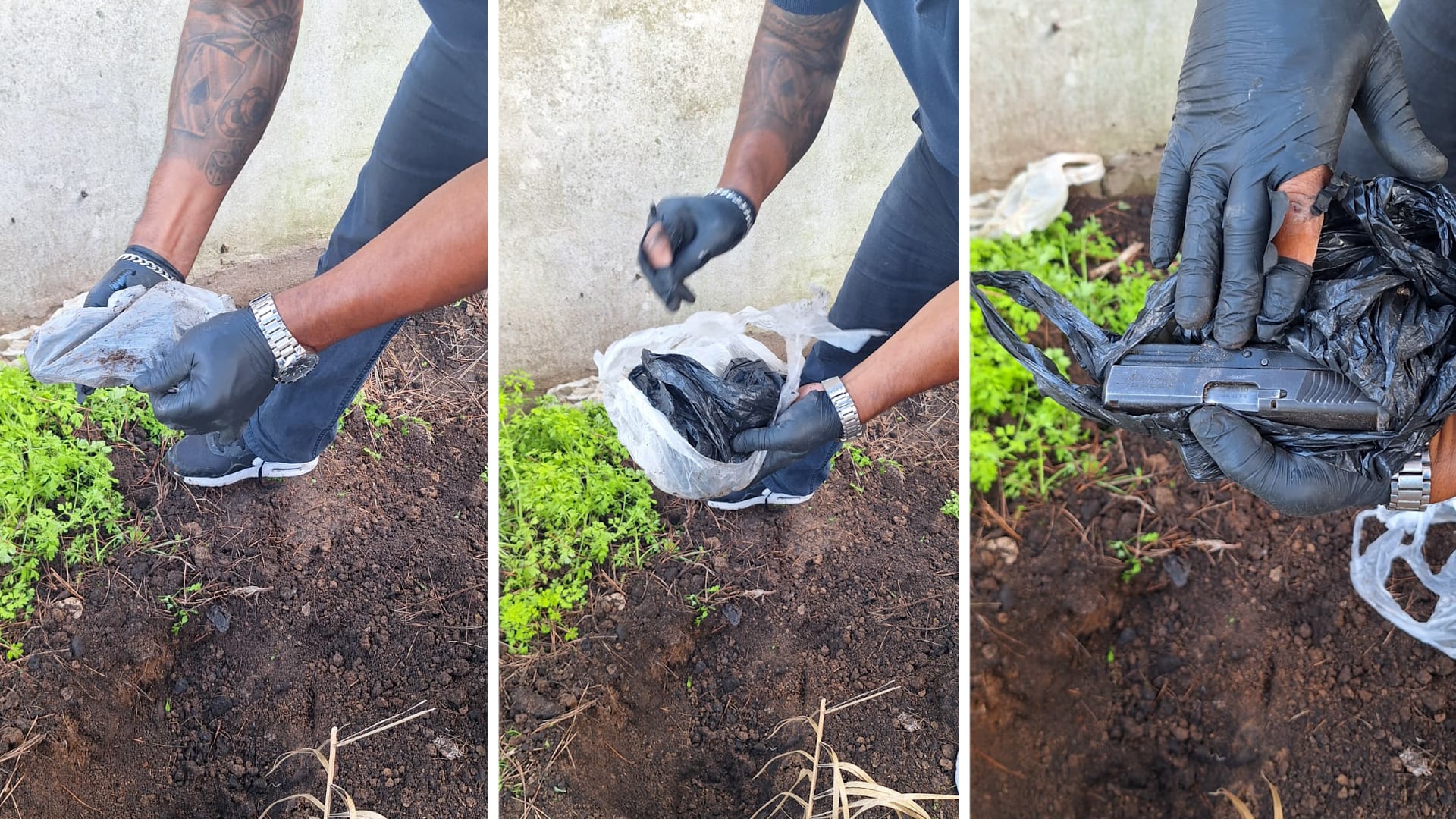 Agentes de la Policía Bonaerense descubrieron armas de fuego enterradas en el fondo de uno de los domicilios allanados.