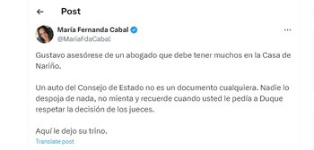 María Fernanda Cabal respondió al cuestionamiento de Gustavo Petro al CNE - crédito @MariaFdaCabal