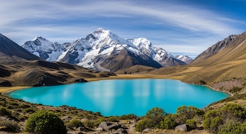 Laguna turquesa en primer plano, nevado Huascarán y montañas cubiertas de nieve al fondo, cielo azul con nubes blancas, vegetación andina y rocas.