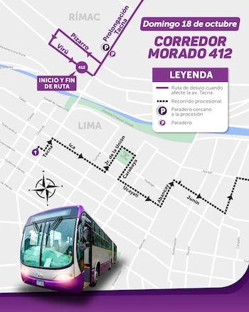 Mapa callejero con una ruta morada, un trazado punteado negro, una leyenda explicativa y un autobús urbano en primer plano