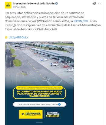 Los sistemas de comunicaciones de voz debían renovarse en 18 aeropuertos de Colombia - crédito @PGN_COL/X