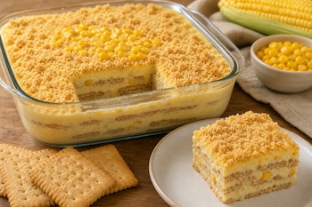 Un recipiente de vidrio con postre de galletas y elote, una porción en un plato, galletas sueltas y una mazorca de maíz al fondo.