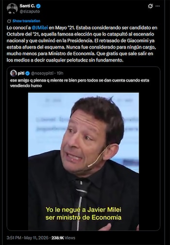 Captura de pantalla de una publicación de X con un video donde un hombre habla, subtítulos amarillos en español, y texto de usuario Santi C. y piti