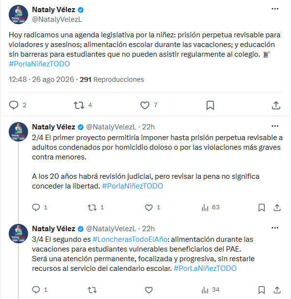 La representante a la Cámara por Cambio Radical expuso que con este proyecto de ley busca reguardar a los niños abusados - crédito @NatalyVelezL/X