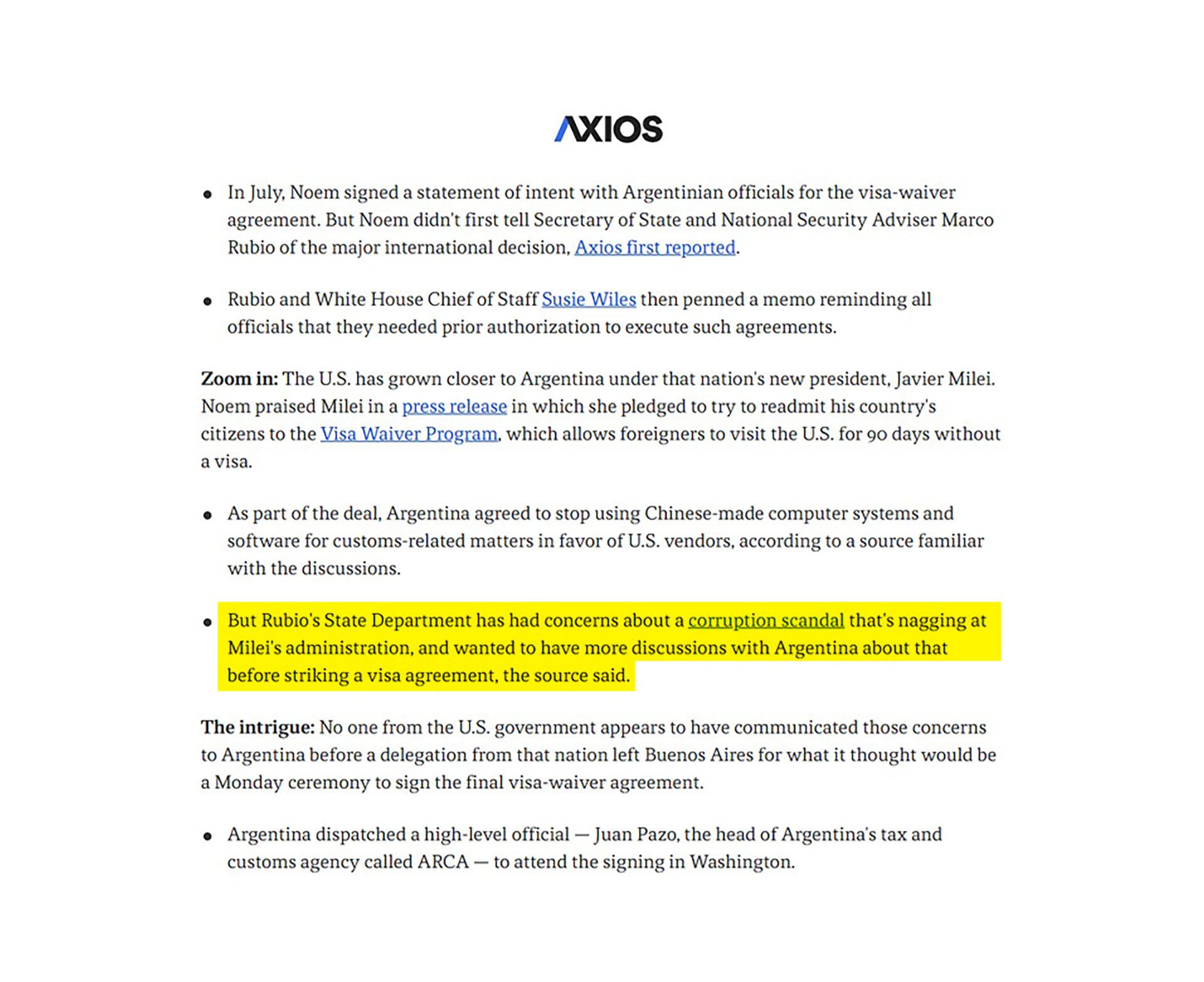 La nota de Axios señala la preocupación de Marco Rubio por el escándalo de corrupción que afecta al gobierno de Milei