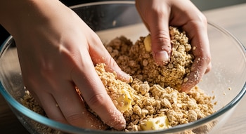 Primer plano de dos manos mezclando avena y trozos de manteca en un tazón de vidrio transparente, formando una textura arenosa.