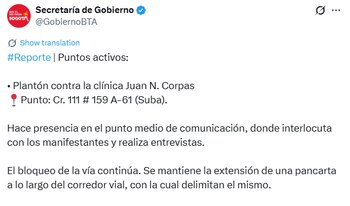 El plantón se presenta desde las horas de la mañana del 12 de mayo y los manifestantes reclaman el pago de salarios atrasados - crédito @GobiernoBTA / X