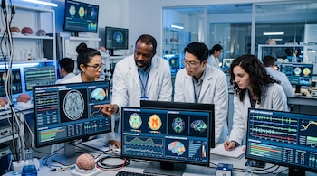 Cuatro científicos con batas blancas observan pantallas con escaneos cerebrales y gráficos de datos en un laboratorio.