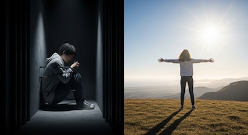Imagen dividida: una persona atada en un cuarto oscuro y otra de espaldas con brazos abiertos en una montaña al amanecer.