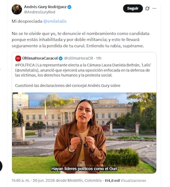 El concejal Andrés Gury Rodríguez informó que denunció el nombrmiento de 'Lalis' como candidata al Congreso por doble militancia - crédito @AndresGuryRod/X