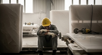 Un trabajador con casco amarillo, gafas y guantes se sienta con la cabeza baja entre placas de material y máquinas de pulido en un ambiente industrial con luz natural.