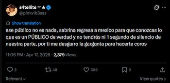 Captura de pantalla de un tuit en un tema oscuro, mostrando un mensaje en español de @pinkvib3sss invitando a "Sabrina" a México. Incluye fecha, vistas y métricas de interacción