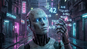 Un robot humanoide gris con ojos azules y expresión de incertidumbre, su mano derecha hacia datos flotantes en una calle cyberpunk lluviosa con luces de neón.