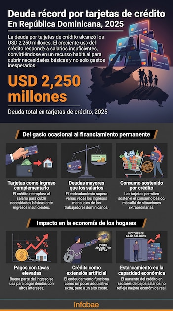 Infografía muestra el monto de deuda por tarjetas de crédito en República Dominicana con ilustraciones de tarjetas, una familia y gráficos económicos.