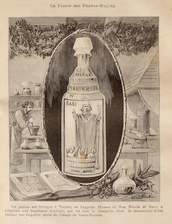 Grabado en blanco y negro. Hombre mezclando en cuenco, varias botellas y libro. Botella central grande con etiqueta 'Manna di San Nicola di Bari' y San Nicolás