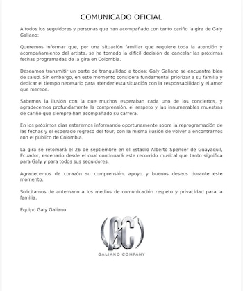 El artista anunció que retomara su actividad en vivo en septiembre, con una serie de presentaciones en Ecuador - crédito @galygaliano/Instagram
